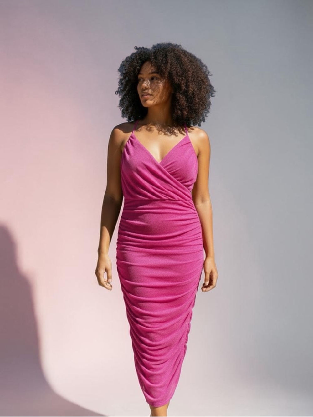 Ruched Wrap Midi Dress in Magenta